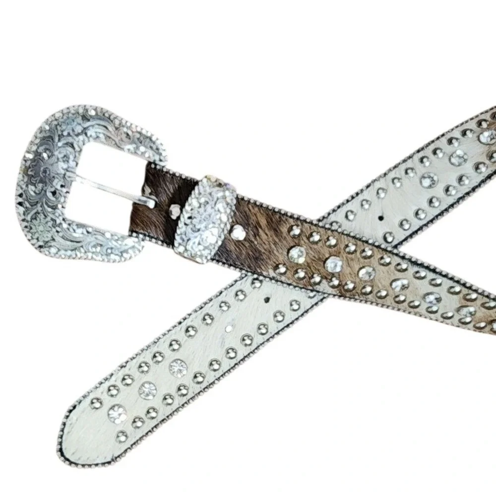 Vintage Nocona Belt Co Rhinestone Genuine‎ Leather Western Belt Silver Calf Hair